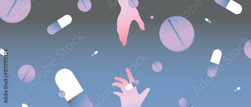 Abstract mental health concept with floating pills and human hands. Symbol of psychiatric treatment, medication support, anxiety and depression therapy. Pastel gradient illustration for healthcare top