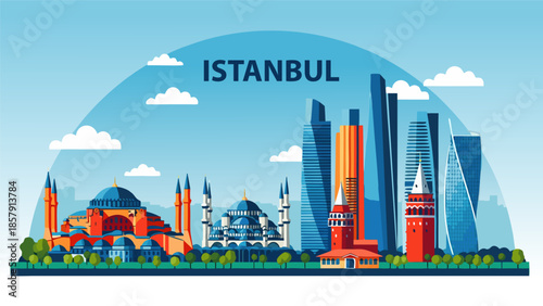Vibrant vector illustration of Istanbul cityscape with iconic landmarks in a modern urban environment viewed from a distant perspective