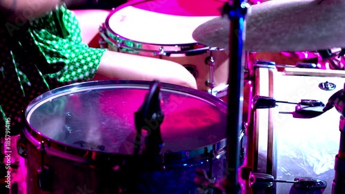 Female Drummer jammin' out at Brooklyn nightlife venue hitting symbal. 4K