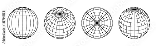 Spherical grid globe shapes PNG set. Striped 3D wireframe earth globe abstract vector icons