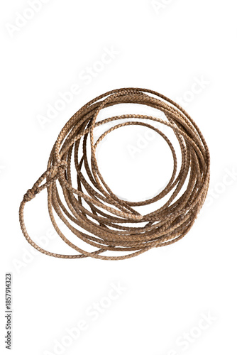 Rope framing makes a circle. Round frame made of cowhide is isolated. Circular rope frame is old leather lariat long enough to  make several loops.