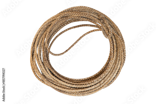 Rope wreath  framing makes a circle. Round frame made of cowhide is isolated with a loop. Circular rope frame is old leather lariat long enough to  make several loops.