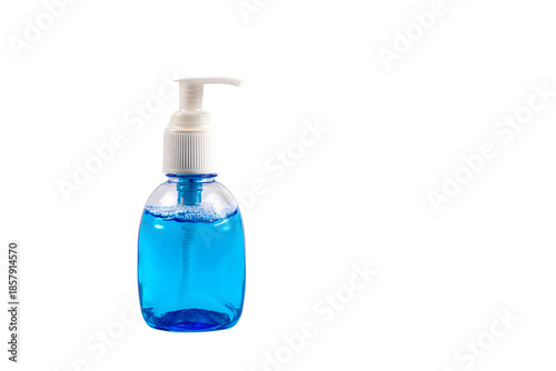 Clear blue liquid in plastic pump bottle on white background for daily use