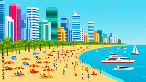 Vibrant vector illustration of a bustling beach scene with cityscape, people, and yachts in a unique blend of urban and leisure activities
