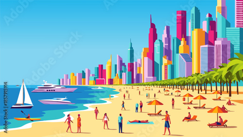 Vibrant Summer Beach Scene Vector Illustration with People, Buildings, and Boats in a Cityscape View