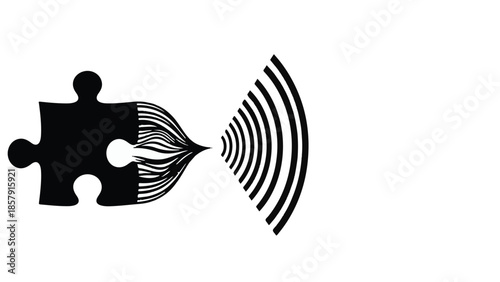 Innovative puzzle piece connecting to wireless signal waves, symbolizing technology and solution concept in modern black and white design