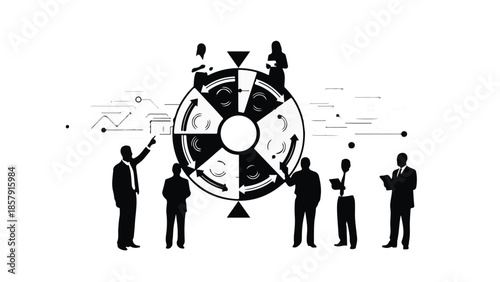 Business people analyzing data on large circular graph chart with silhouettes of colleagues discussing and pointing to sections in modern office setting