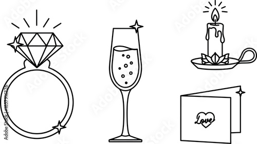 Elegant black outline icons set featuring a sparkling diamond ring a celebratory champagne glass a romantic candle and a heartfelt love card perfect for special occasions