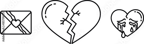 Minimalist line art icons depicting heartfelt love letters profound heartbreak and deep emotional sadness with tears