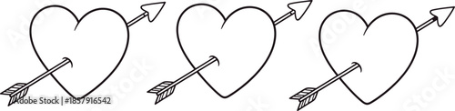 Three simple outline heart shapes each pierced with a cupids arrow symbolizing love passion and romance isolated on transparent background