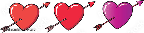 Three vibrant cartoon hearts pierced by Cupids arrows symbolizing passionate enduring love and romantic affection