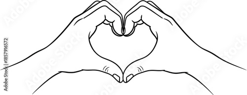 Two human hands forming a beautiful heart shape gesture symbolizing love affection and care in a simple black outline drawing illustration