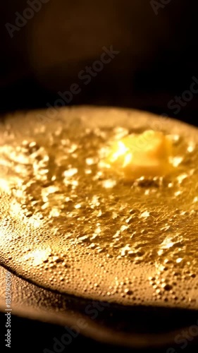 Butter melting on a hot pan, creating a golden, bubbly texture.