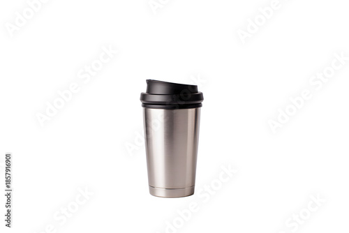 Metal mug stands alone on a white background with a black lid for travel and hot beverages in various settings throughout the day