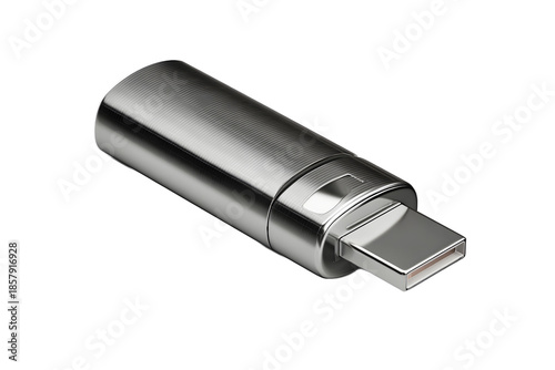 Metal USB drive placed on a flat surface in a well-lit room showing its sleek design and reflective surface