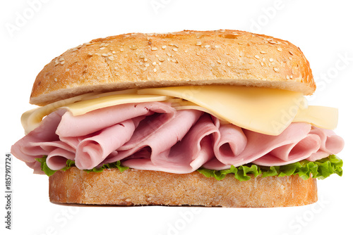 Sandwich made with sesame bread, ham, cheese, and lettuce on a plain background