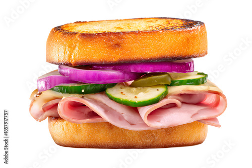 Sandwich with ham, pickles, and onions on toasted bread served as a quick lunch option in a casual setting