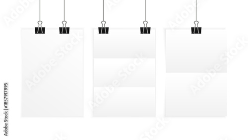 Hanging Folded Paper Sheet Mockup with Binder Clips – Blank A4 Poster, Flyer and Notice Template for Office, Branding, Presentation and Print Design, Isolated on White Background