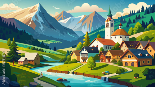 Very beautiful village landscape of Bad Aussee, Austria, with the Traun River flowing through traditional houses, green valleys, alpine mountains, and a calm, charming Central European atmosphere.