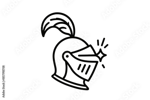 Warhelm Feather Crest. Line style icons of Warhelm Feather Crest: rounded helm, feather plume, war spark, visor line, border arc,