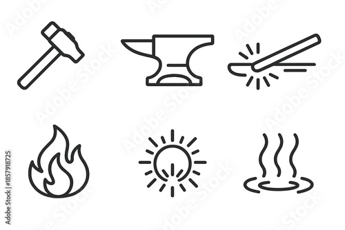 Firesteel Forge Icons. Line style icons of Firesteel Anvil Work: steel hammer, anvil block, red-hot rod, flame edge, spark ring,