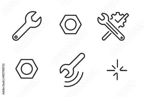 Bolt Repair Icons. Line style icons of Boltwork Repair: wrench profile, bolt head, repair cue, nut contour, tool sweep, gentle