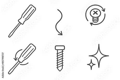 Twist Grip Icons. Line style icons of Turndriver Twist Grip: slim driver outline, twist curve, rotating screw, handle sweep,