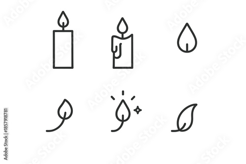 Candle Line Icons. Line style icons of Warmflame Wax: tall candle, melted wax, quiet flame, wick bend, halo shimmer, gentle arc.