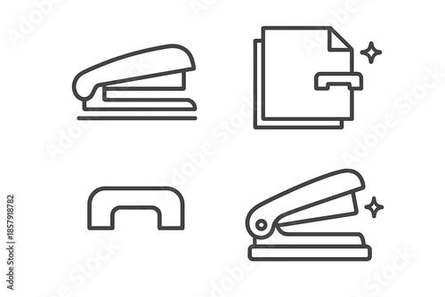 Stapler Line Icons. Line style icons of Paperpress Staple: stapler trace, pressed paper, staple edge, clamp line, handle curve,
