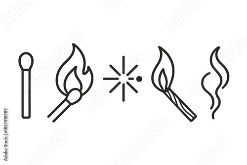 Firelit Match Icons. Line style icons of Firelit Match Scene: match outline, rising flame, bright spark, stick texture, ember