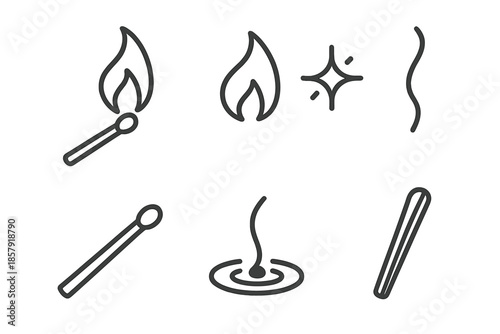Ignition Match Icons. Line style icons of Ignition Match Scene: match arc, lit flame, spark shimmer, wooden body, ember ripple,