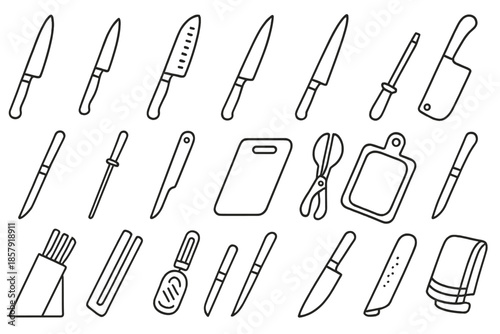 Knife Icons Collection. Line style icons of Food Preparation Knives: chef knife, paring knife, santoku, bread knife, carving knife