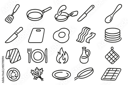 Cooking Tools Icons. Line style icons of Cooking Tools Action: spatula, frying pan, flipping omelette, skillet handle, wooden