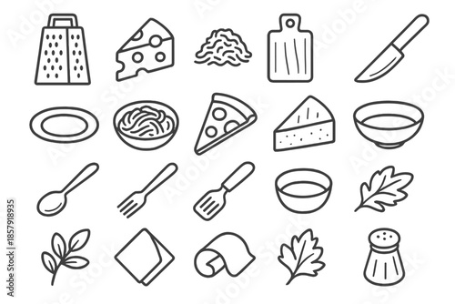 Food Topping Tools Icons. Line style icons of Food Topping Tools: box grater, block cheese, shredded pile, cutting board, knife,