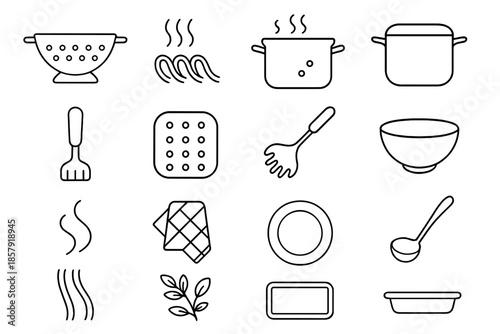 Pasta Serving Icons. Line style icons of Straining and Serving Set: colander, pasta, boiling water, pot, hand grip, strainer holes