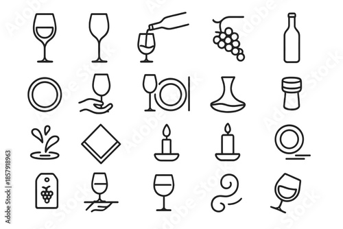 Wine Serving Icons. Line style icons of Wine Serving Essentials: red wine glass, stemware, wine pour, wine bottle, coaster, hand