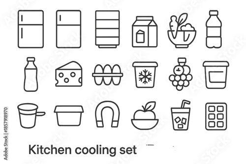 Kitchen Appliance Icons. Line style icons of Kitchen Cooling Set: refrigerator, fridge door, shelves, milk carton, vegetable