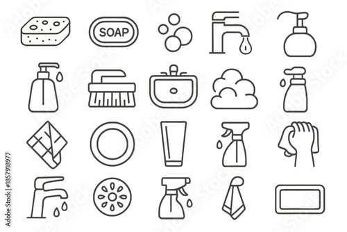 Cleaning Essentials Icons. Line style icons of Cleaning Essentials: sponge, soap bar, bubbles, running water, hand wash, scrub
