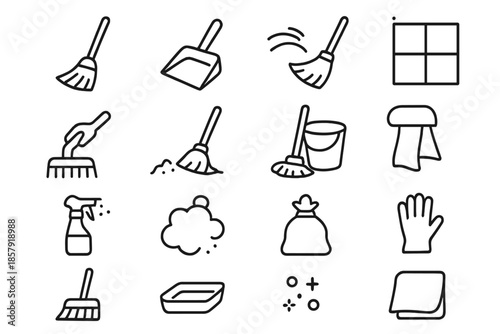 Floor Cleaning Tools. Line style icons of Floor Cleaning Tools: broom, dustpan, sweeping motion, floor, hand grip, debris pile,
