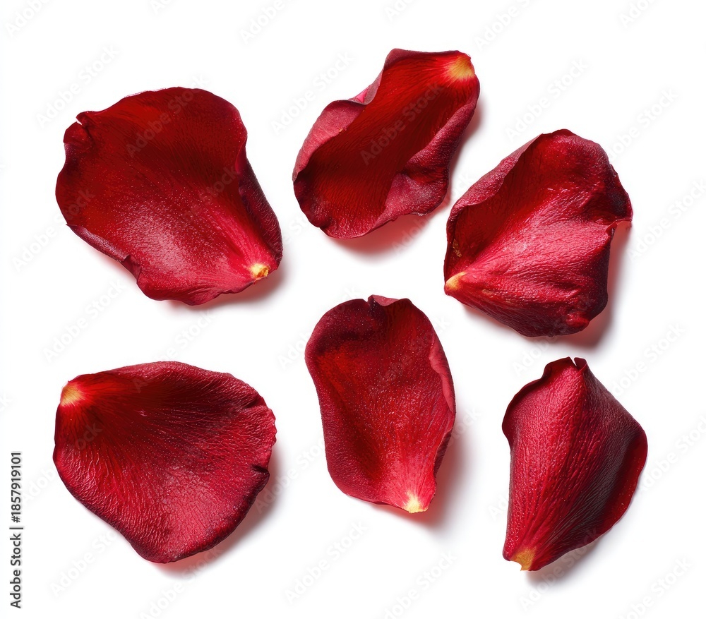 Fototapeta premium Vivid red rose petals scattered, flat lay against a stark white backdrop