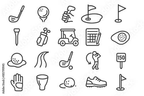 Golf Icons Collection. Line style icons of Golf Club Green: golf club, golf ball, hand hold, putting green, hole flag, tee, golf