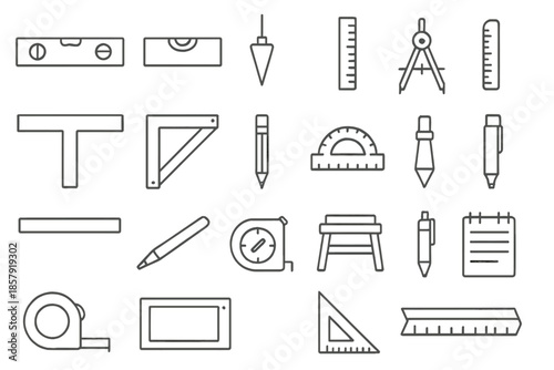 Construction Tool Icons. Line style icons of construction alignment tools: Level, Spirit Level, Bubble, Plumb Line, Ruler,