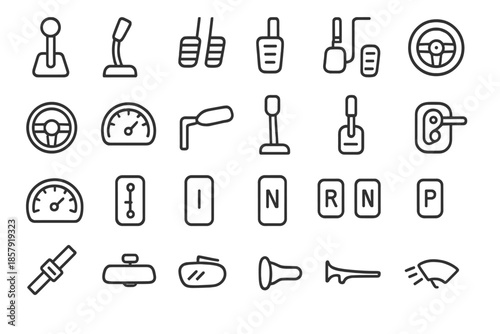 Driving Essentials Icons. Line style icons of vehicle driving essentials: Gearshift, Gear Lever, Clutch Pedal, Brake Pedal,