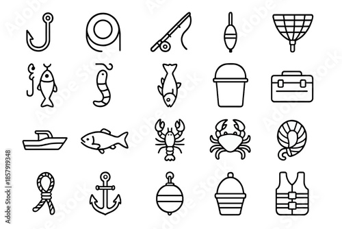 Angling Essentials Icons. Line style icons of angling essentials: Hook, Line, Rod, Reel, Catch, Bait, Float, Net, Boat, Fish,