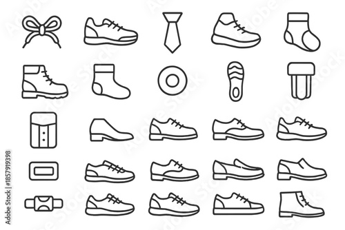 Sneaker Essentials Icons. Line style icons of sneaker essentials: Lace, Shoe, Tie, Sneaker, Boot, Sock, Eyelet, Aglet, Tongue,