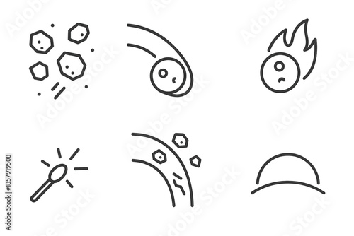 Space Debris Icons. Line vector icons of space clutter removal: debris element, controlled descent arc, heat signature, flare line