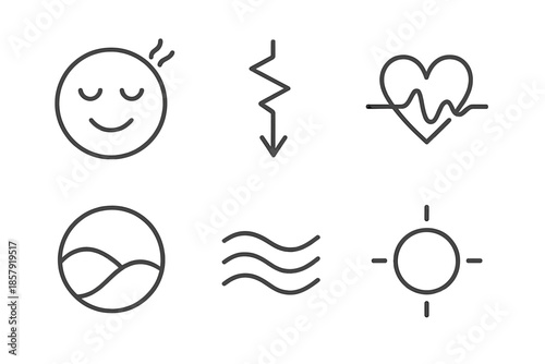 Anti-Stress App Icons. Line vector icons of an anti-stress app: relieved face, tension-release line, soft pulse, soothing field,