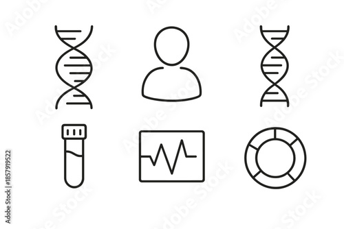 DNA Analysis Icons. Line vector icons of personal DNA analysis: DNA helix, user silhouette, gene strand, sample vial, analysis