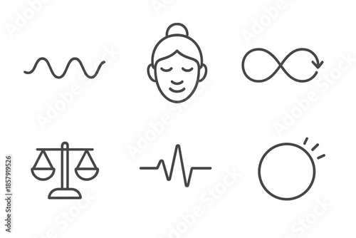 Mindful Respiration Icons. Line vector icons of mindful respiration: slow wave, meditative face, airy loop, balance crest, breath