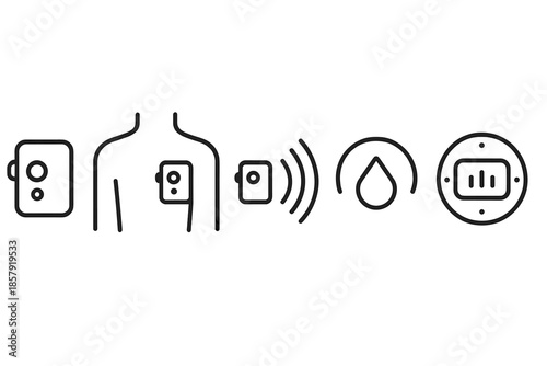 Internal Sensor Icons. Line vector icons of an internal health sensor: implant module, torso outline, signal beam, biomarker arc,